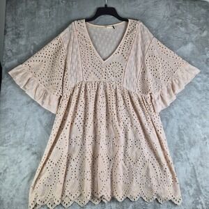 Anthropologie Akemi Kin Dress 12 Peach Pink Brook Eyelet Swing Flutter Sleeve